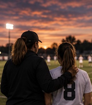 A coach and a soccer player watching the field at sunset