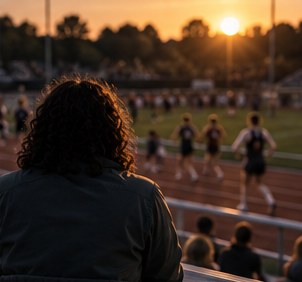 A parent watching a track meet at sunset