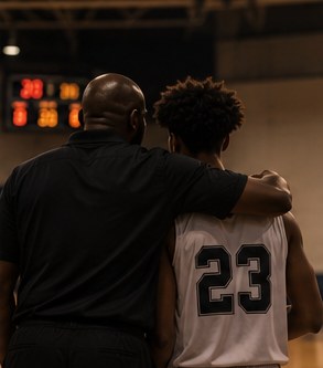 A coach with an arm around a basketball player on the sideline