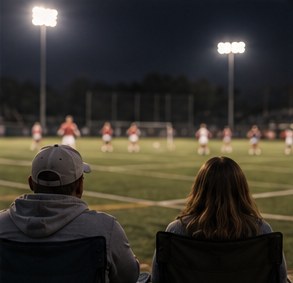 Two parents watching a soccer match under the lights