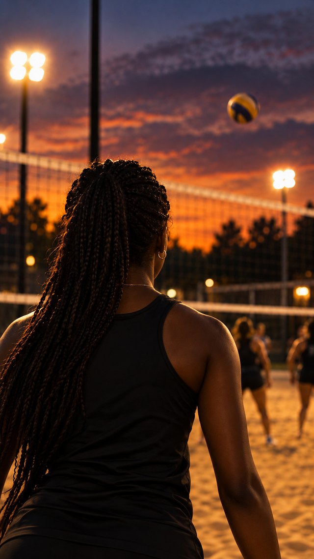 A beach volleyball player at the net under the lights