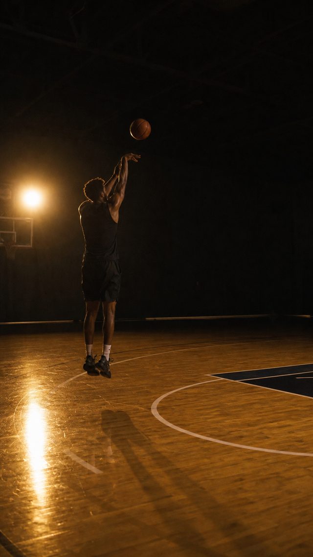 A basketball player releasing a jump shot on a dark court