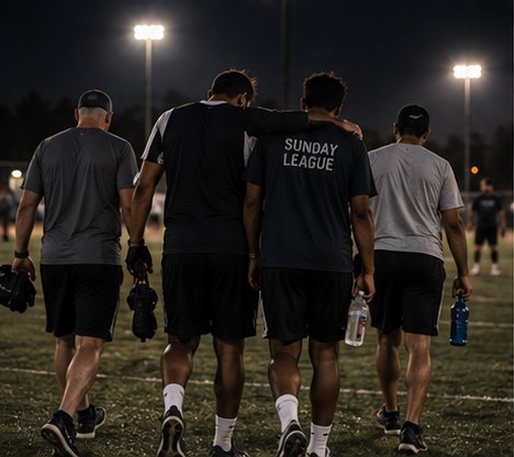 Four Sunday league players walking off the field together